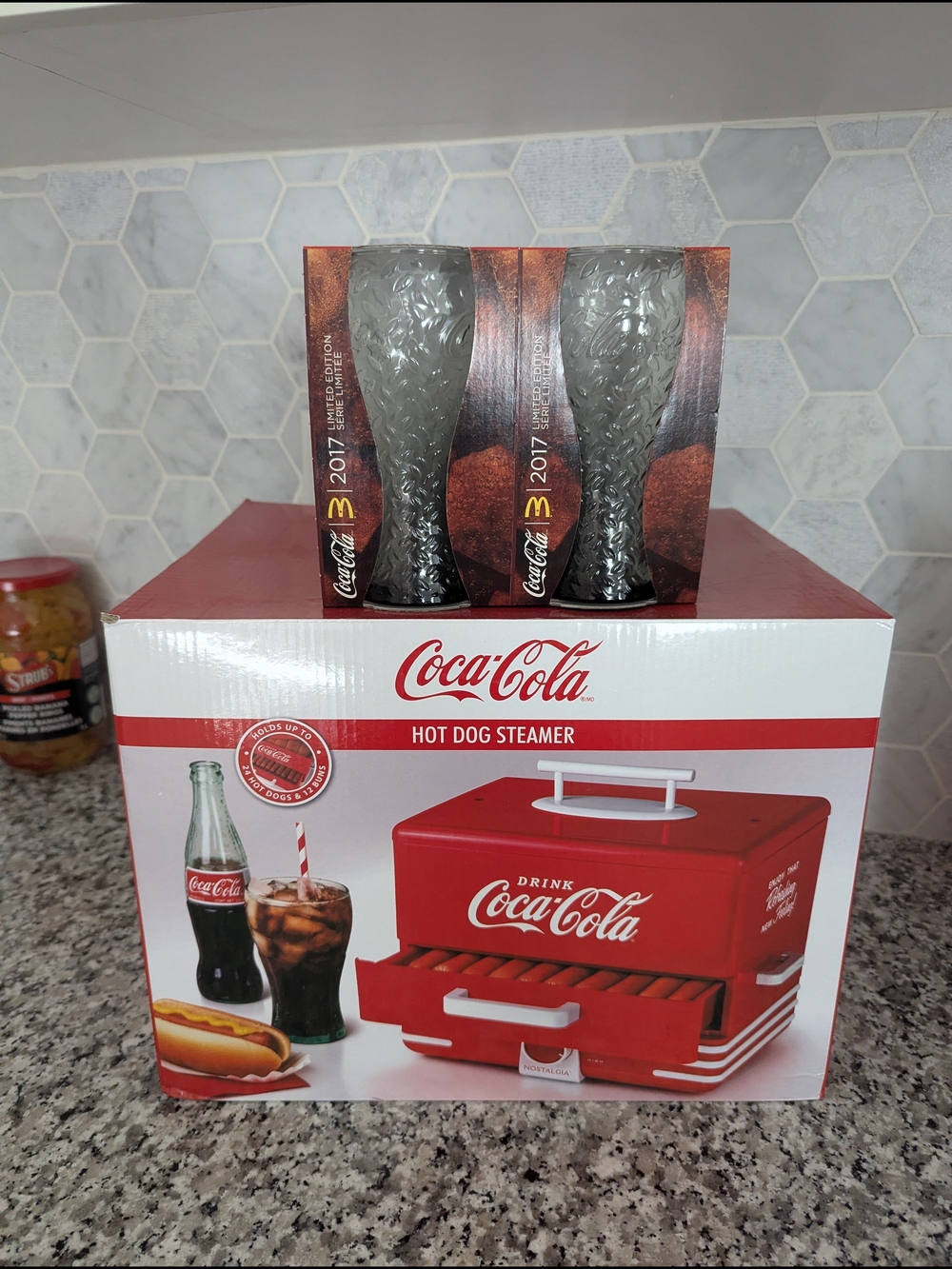 Coca-Cola Red Hot Dog Steamer with Coca-Cola Glasses